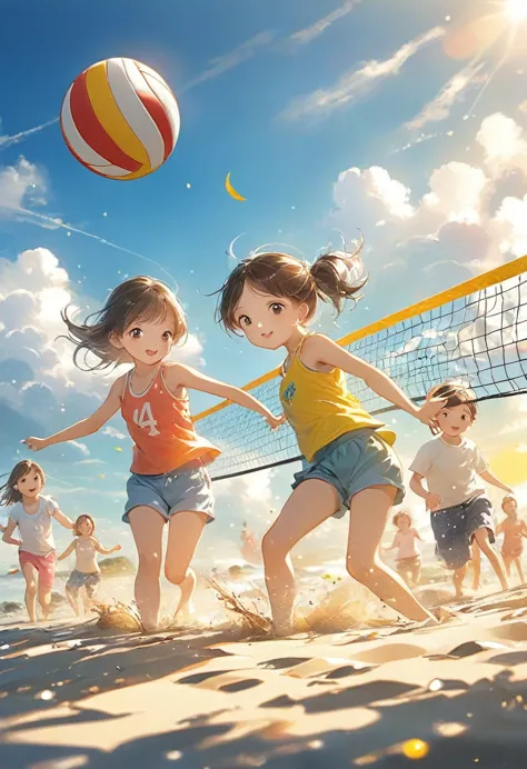 Children playing Beach Volleyball（（（masterpiece）））， （（best quality））