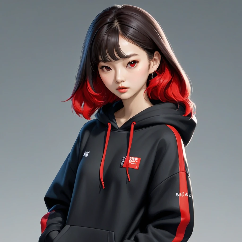 Kang Sae-byeok, Squid Game, Jung Ho-yeo, holding a knife with her hand, wearing a black hoodie with red details, simple background,cool anime pose, realistic, realistic proportions
