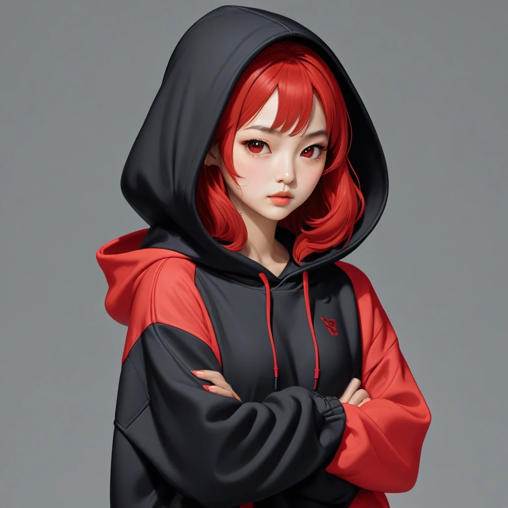 Kang Sae-byeok, Squid Game, Jung Ho-yeo, holding a knife with her hand, wearing a black hoodie with red details, simple background,cool anime pose, realistic, realistic proportions
