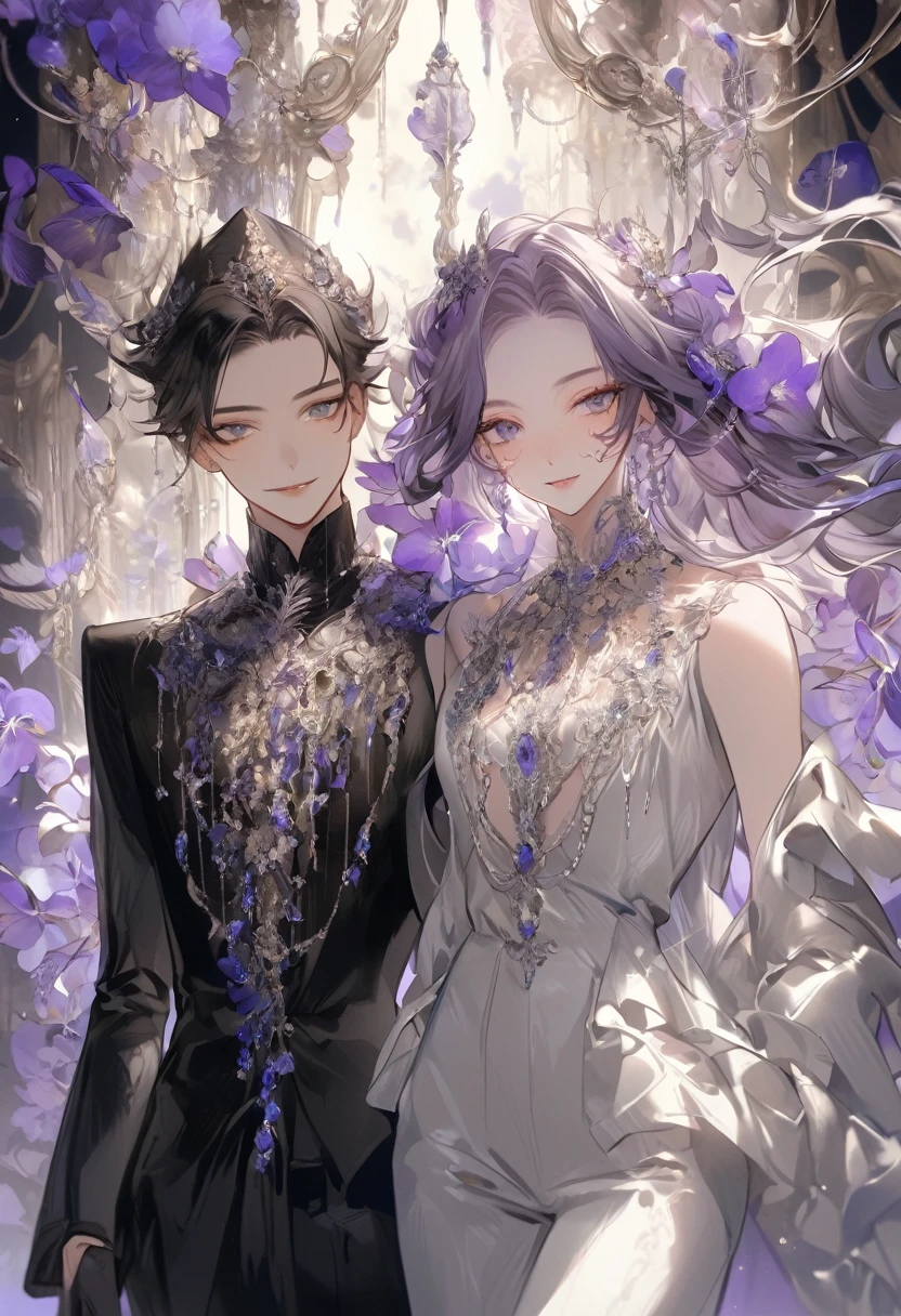 Feminine boy, soft womanish facial features, smile, squinted siren dark blue eyes without glare, silver long loose hair with straight bang, fantasy black clothes with blue and purple elements, long black gloves, model, gorgeous, elegant, lots of silver jewelry, flowers in his hair, skinny , hourglass figure, light lipstick, pants