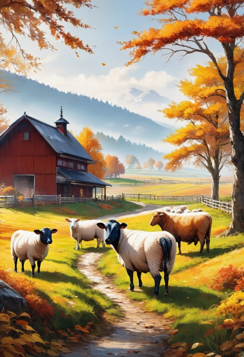 Le bétail et les moutons de la ferme en automne，Peinture colorée，HD，fond blanc，8k，Qualité Ultra HD，chef-d&#39;œuvre，Texture naturelle，Lignes élégantes et claires，