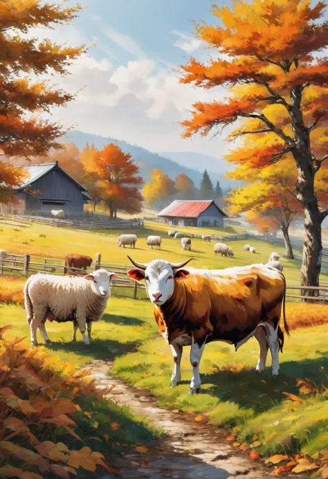 autumn farm cattle and sheep，colored painting，hd，white background，8k，超hd画质，masterpiece，natural texture，elegant and clear lines，