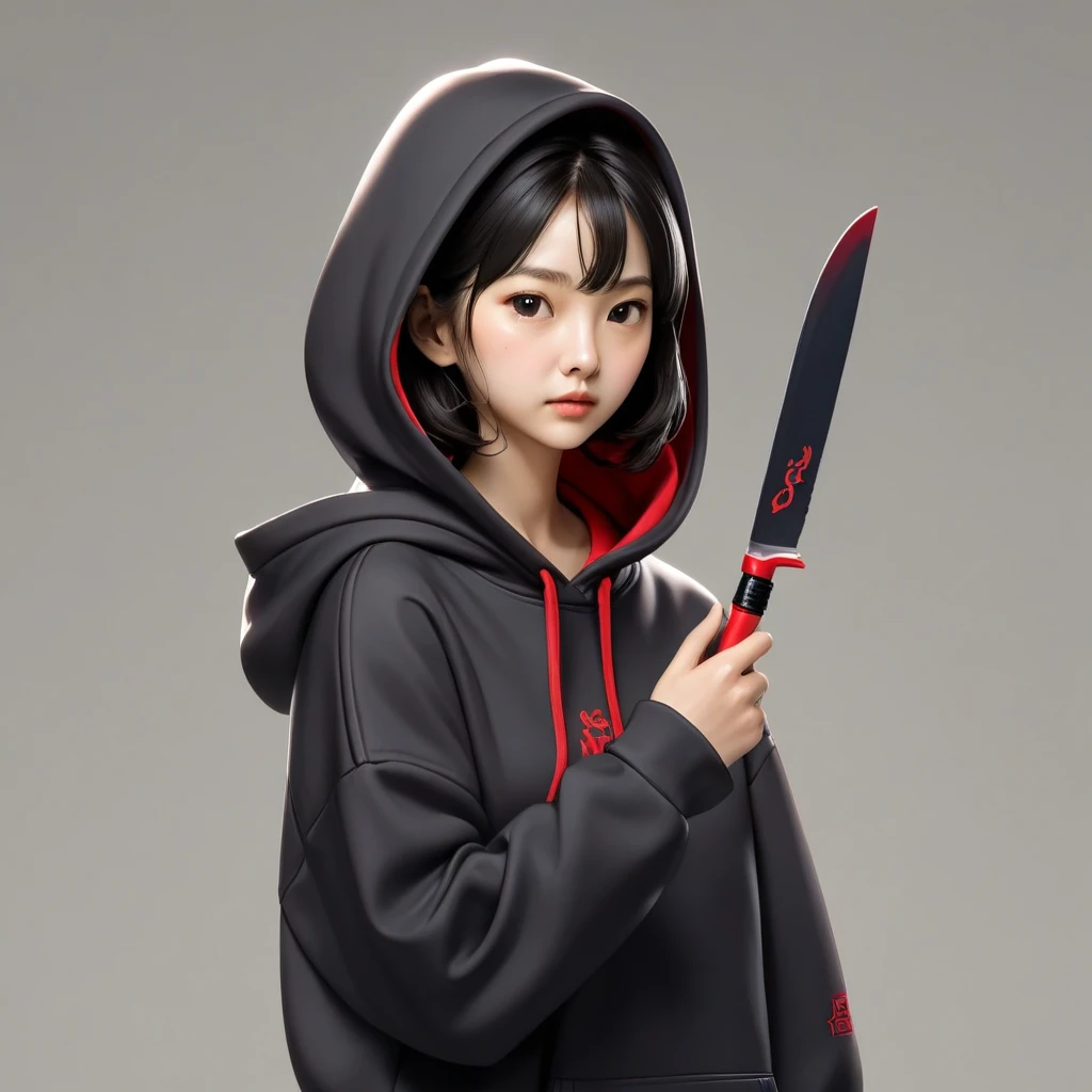 Kang Sae-byeok, Squid Game, Jung Ho-yeo, holding a knife with her hand, wearing a black hoodie with red details, simple background,cool anime pose, realistic, realistic proportions, brown eyes
