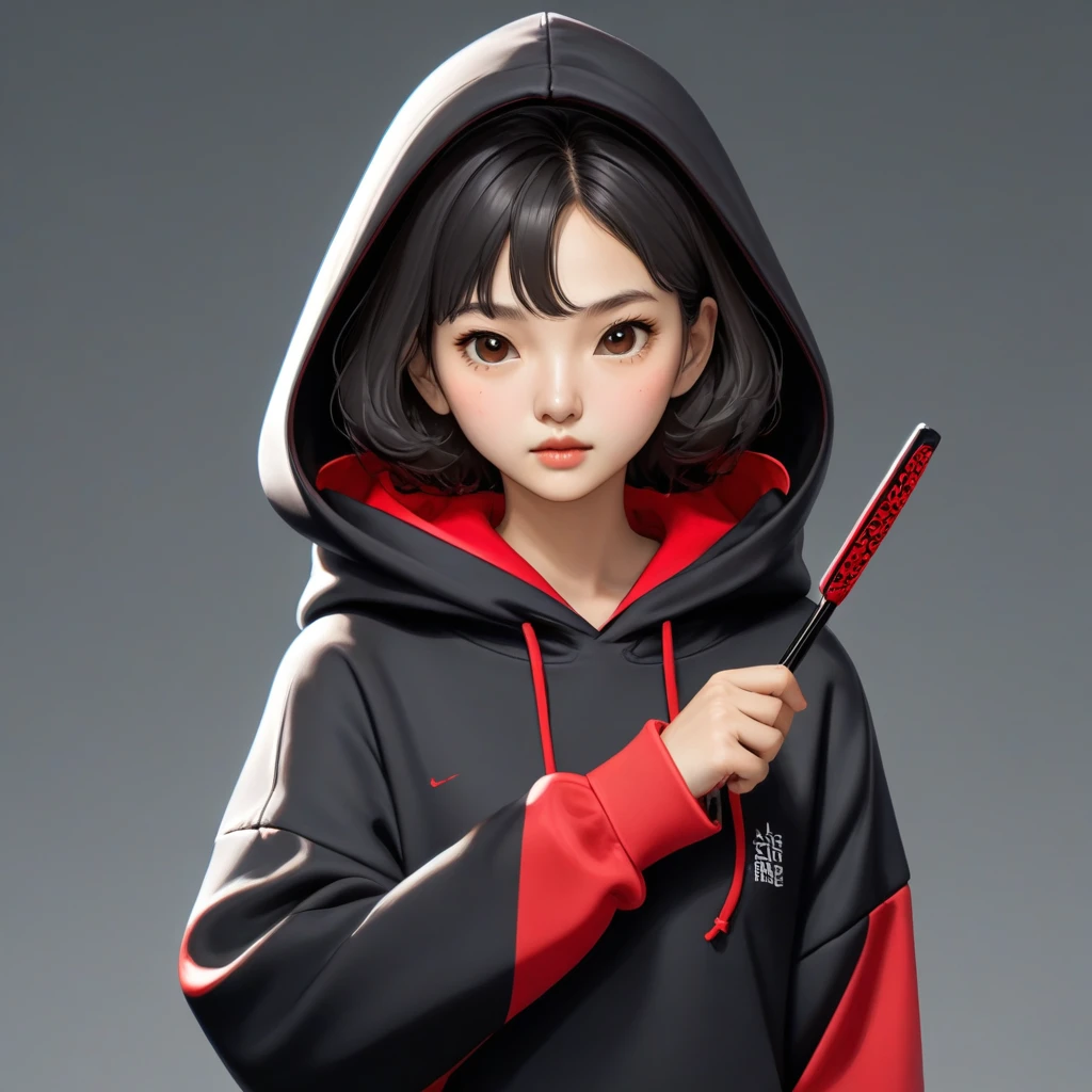 Kang Sae-byeok, Squid Game, Jung Ho-yeo, holding a knife with her hand, wearing a black hoodie with red details, simple background,cool anime pose, realistic, realistic proportions, brown eyes
