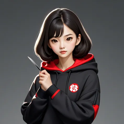Kang Sae-byeok, Squid Game, Jung Ho-yeo, holding a knife with her hand, wearing a black hoodie with red details, simple backgrou...
