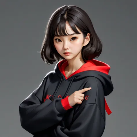 kang sae-byeok, squid game, jung ho-yeo, holding a knife with her hand, wearing a black hoodie with red details, simple backgrou...