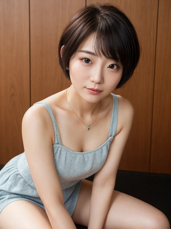 (Highest quality、8k、32K、masterpiece、Hmph:1.2)、Photo of beautiful Japan woman in her 30s、very short hair、short hair、Shortcuts、Upper Body、necklace、Shooting from above、Don&#39;Don&#39;t look at the camera、(Realistic、Photorealistic:1.37)、1 Girl、Photographed in natural light、Physically Based Rendering、Excellent image quality、High resolution、1080P、(Detailed facial depiction)、(Detailed description of the hands)、(Detailed CG)、Rich details、(exquisite features)、(Best image quality)、(masterpiece)、(Beautiful Eyes)、Delicate clavicle、Various poses、profile、White wall、In front of a white door、(A room with a white wall and a window)、Earrings、Laughter、Spring Clothes、((Long sleeve dress))、Looking down、Downward