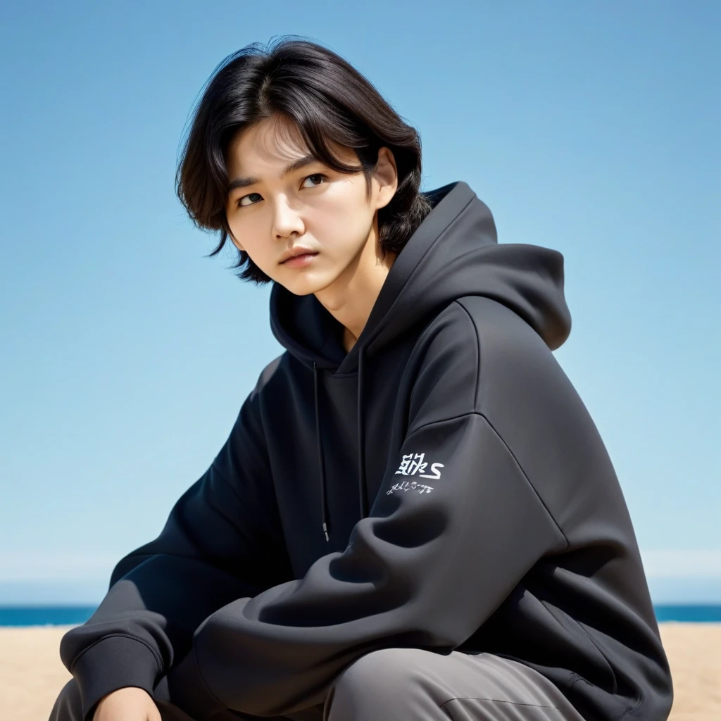 Kang Sae-byeok, Squid Game, Jung Ho-yeo, sitting looking at the horizon, wearing a black hoodie, ,cool pose, realistic, realistic proportions, brown eyes
