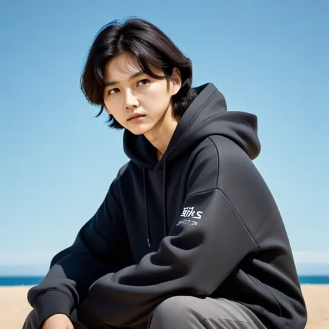 Kang Sae-byeok, Squid Game, Jung Ho-yeo, sitting looking at the horizon, wearing a black hoodie, ,cool pose, realistic, realisti...