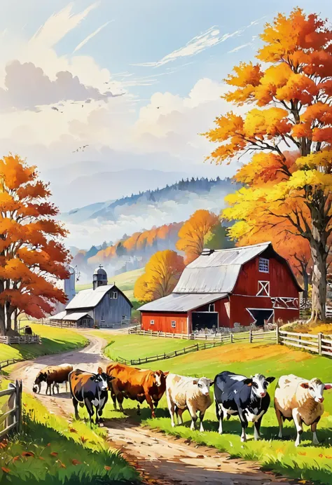 fall farm， there are cows and sheep in front of the barn，colored painting，hd，white background，8k，超hd画质，masterpiece，natural textu...