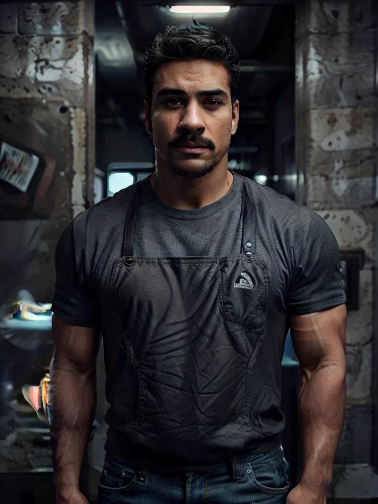 Masterpiece, Best Quality, ultra detailed, 1 man, macho male, muscular, piece, only, sportsman, beef, handsome, tanned skin, latino, 3, negro hair, gray fur, goatee, too short hair, looking at the viewer, serious expression, Gray shirt, half body shot, science fiction subway background, Full body with jeans, backwards