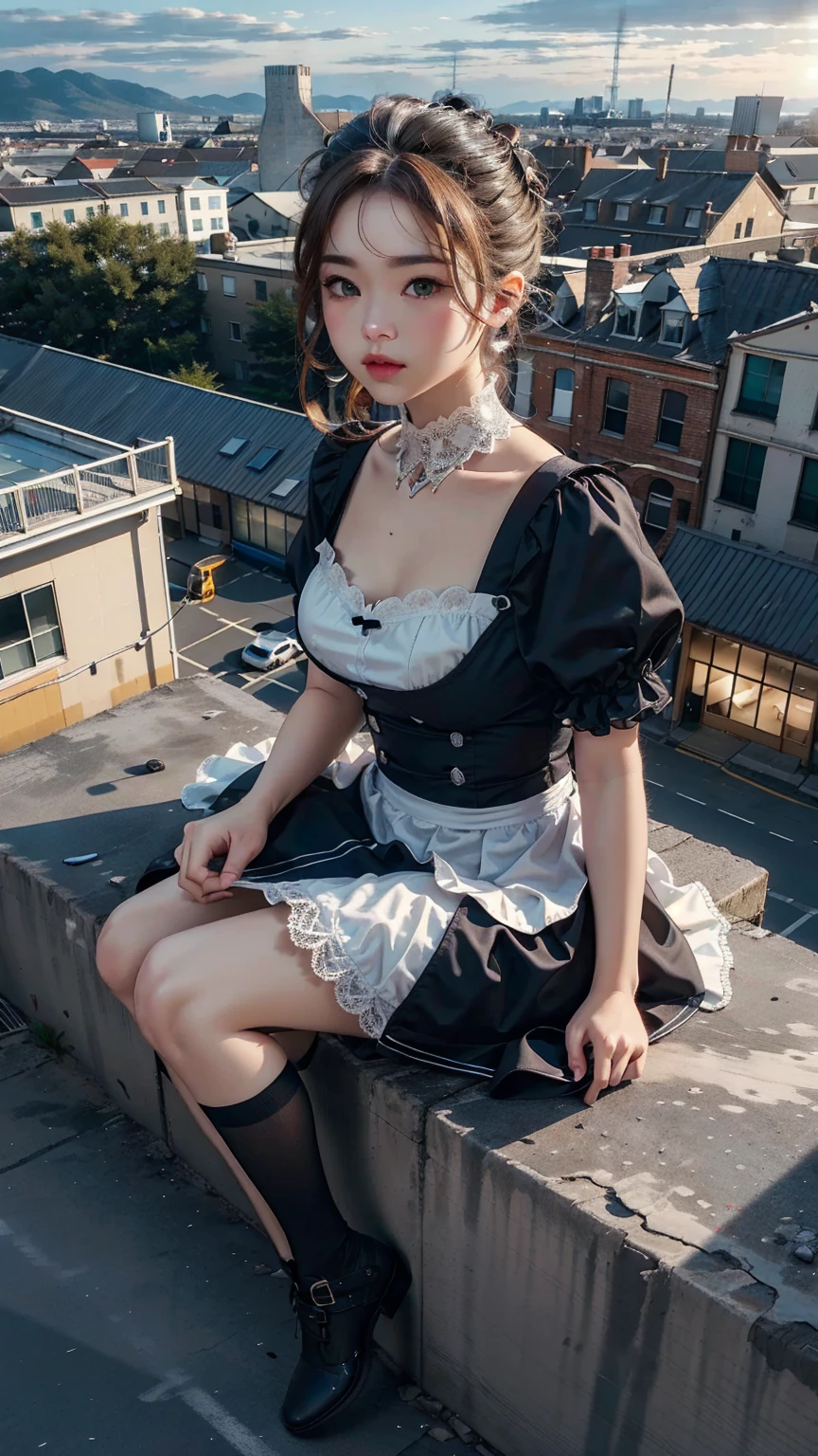 (Highest quality, masterpiece:1.2), pressure,  1 Female, Cat in the face, Super giant, Building Sheet, Make the city smaller, Depth of written boundary, High resolution, 超High resolution, 8K, Very detailed, Realistic, Sun light, Maid clothes, Ribbons, lace, frills and miniskirts,knees, Aerial perspective, aerial photograph. 5000 ft tall giantess, She is sitting on a building, She&#39;s bigger than a skyscraper.