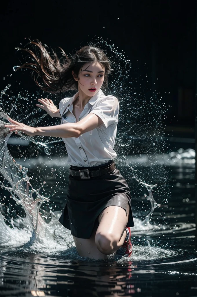 Knee shot, 18s woman in thai university uniform, long straight wet hair, white wet short-sleeve shirt, black wet tight mini skirt, brown belt, white sneakers, masterpiece:1.2, high detail, realistic, cinematic scene, slim and perfect figure, perfect body proportions, 16k, portrait photo, dynamic pose, dynamic compositions, water, surrounded by gas fumes in battle, xuer martial arts, water drops on her face, motion blur, long exposure, in the sea, dancing, blue light