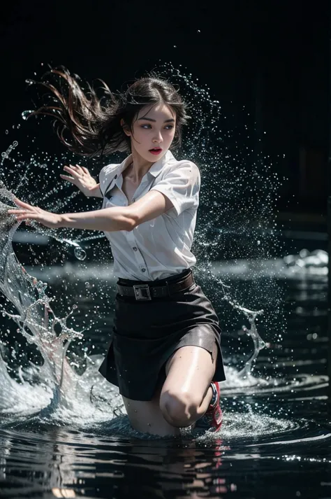 knee shot, 18s woman in thai university uniform, long straight wet hair, white wet short-sleeve shirt, black wet tight mini skir...