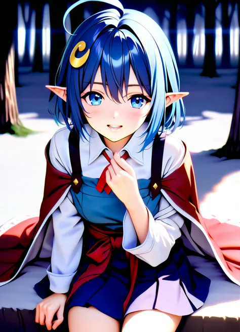 1girl, rena lanford, 1girl, ahoge, blue hair, short hair, blue eyes, pointy ears
crescent hair ornament, red cape, blue vest, le...