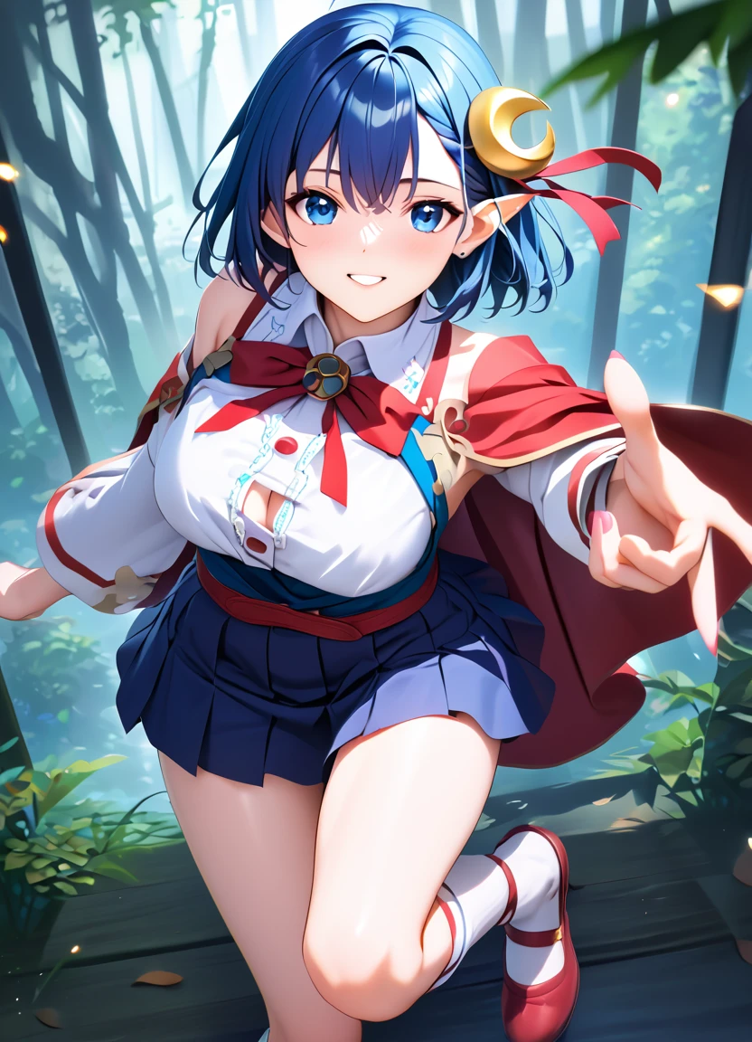 1girl, RENA LANFORD, 1GIRL, AHOGE, BLUE HAIR, SHORT HAIR, BLUE EYES, POINTY EARS
CRESCENT HAIR ORNAMENT, RED CAPE, BLUE VEST, LEATHER ARMOR, RED RIBBON, WAIST RIBBON, BLUE SKIRT, MINISKIRT, SHOES, BREAK kawaii, smile, cowboy shot, own hands clasped, forest, night, lightning bug, light particle, BREAK detailed face, smooth skin, cinematic lighting, volumetric shadow, BREAK 3D, CG illustration, score_9, score_8_up, score_7_up, (masterpiece:1.2), (best quality:1.2), (very aesthetic:1.2), (absurdres:1.2), (detailed background), newest, (intricate:1.2), ai-generated, BREAK