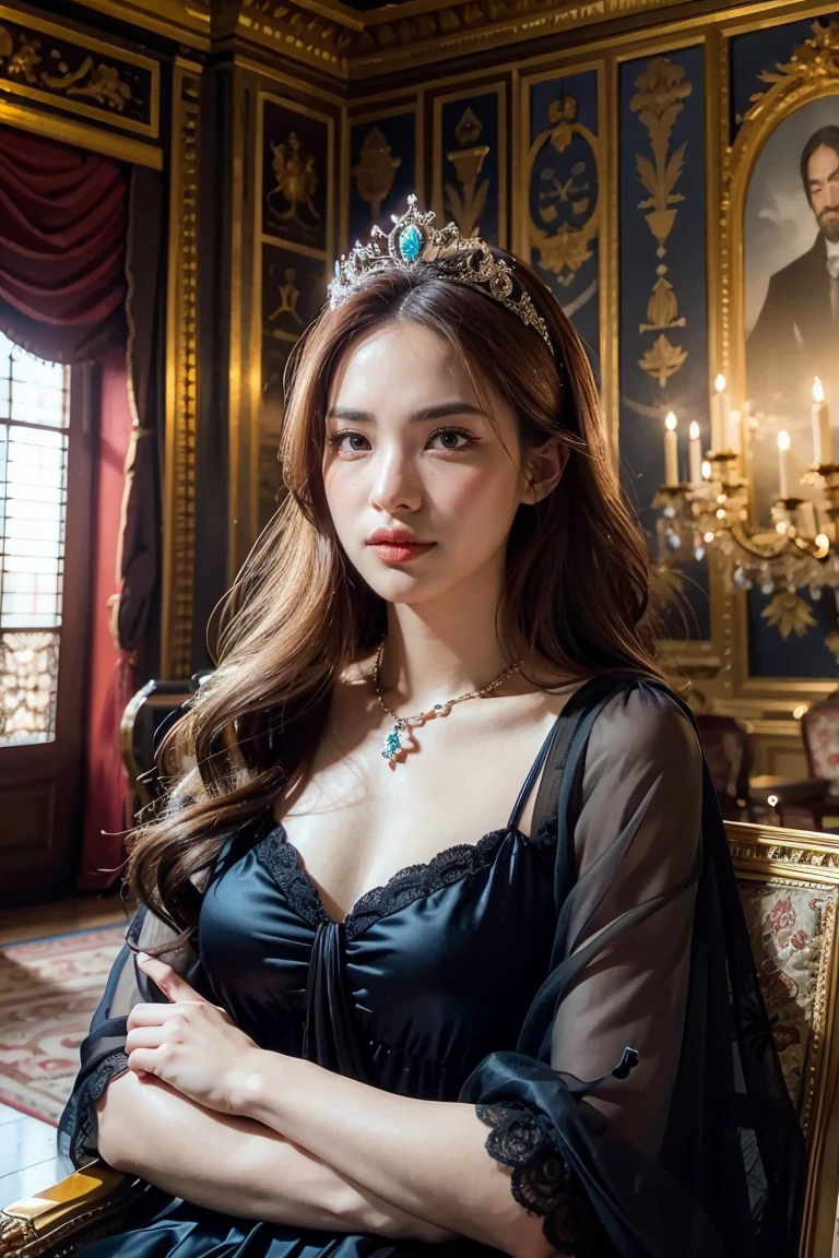 (best quality,4k,8k,highres,masterpiece:1.2),ultra-detailed,(realistic,photorealistic,photo-realistic:1.37),oil painting,princess,medieval,fantasy,royalty,arrogant,tyrannical ruler,confident,regal,dark atmosphere,castle,throne room,ornate decorations,dramatic lighting,rich color palette,lush garden,mysterious aura,haughty expression,flowing gown,luxurious jewelry,meticulously crafted crown,sharp features,evil smirk,intense gaze,elaborate hairstyles, princess in a majestic palace,ominous clouds,hidden secrets,secretive smile,domineering presence,fascinating shadows,commanding presence,adorned with power,ageless beauty,floating ethereal presence,grandiose architecture,menacing presence of the princess