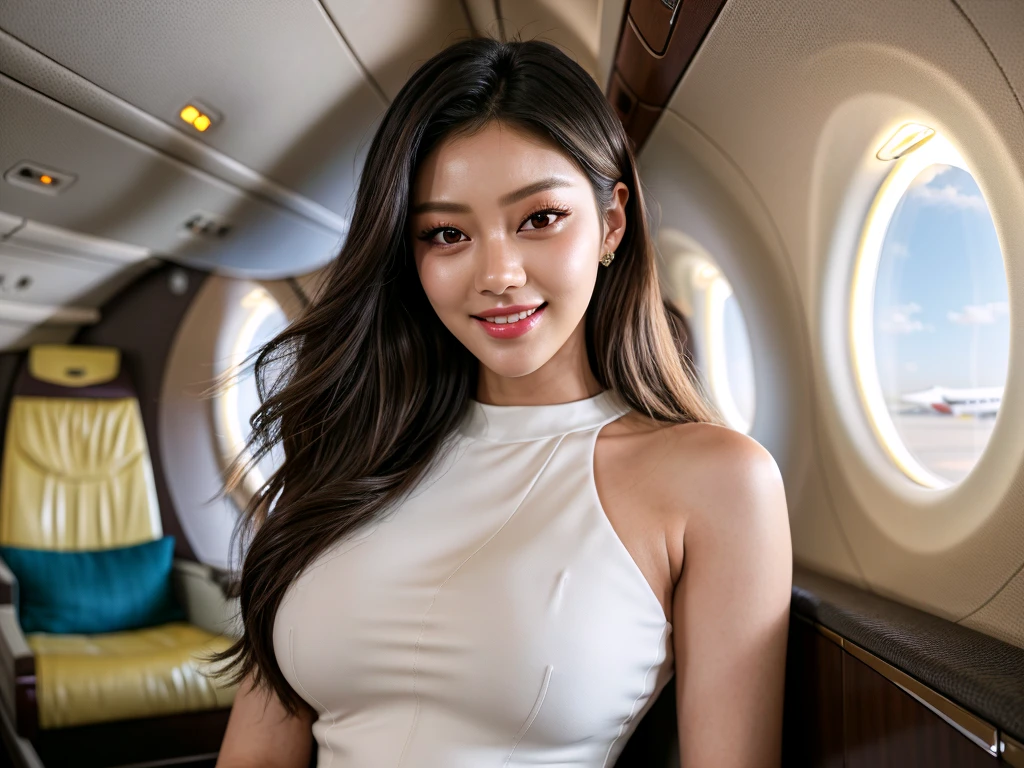 Punktzahl_9, Punktzahl_8_hoch, Punktzahl_7_hoch, detailliertes, sanftes Licht, Schön Seolhyun (K-Pop-Star), enges Kleid, (eleganter moderner Privatjet auf dem Rollfeld:1.2), kokettes Lächeln, wallende Haare, (Meisterwerk, beste Qualität, sehr detailliert, Schön, realistisch), detaillierte Augen, detailliertes Gesicht, detaillierte Lippen, Detaillierte Hände, Felgenbeleuchtung, schwach beleuchtet, Halbtotale.