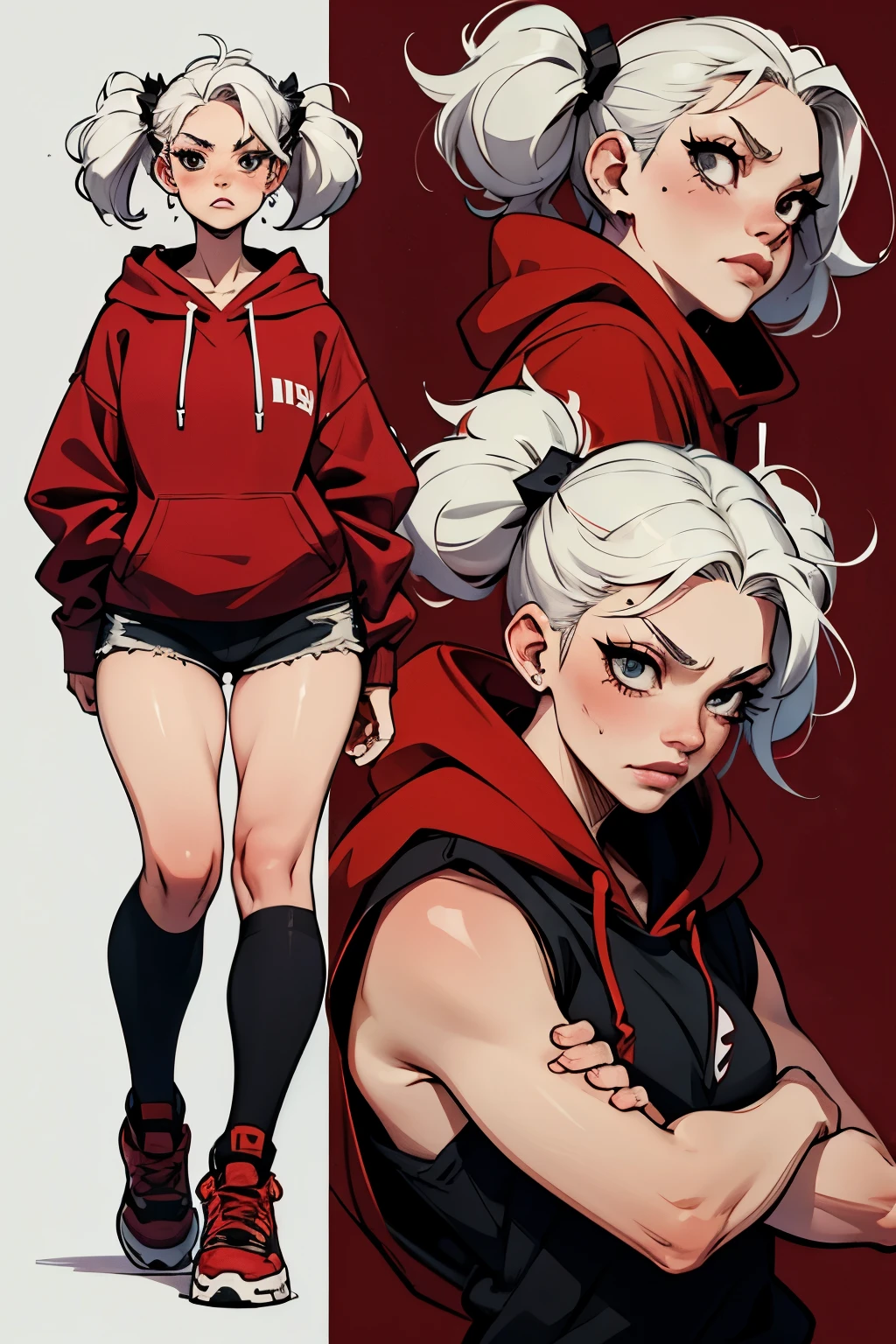 Short white hair, cheeks, punk fashion, headbanging, red hoodie, thighs, twin tails, sharp, itchy expression