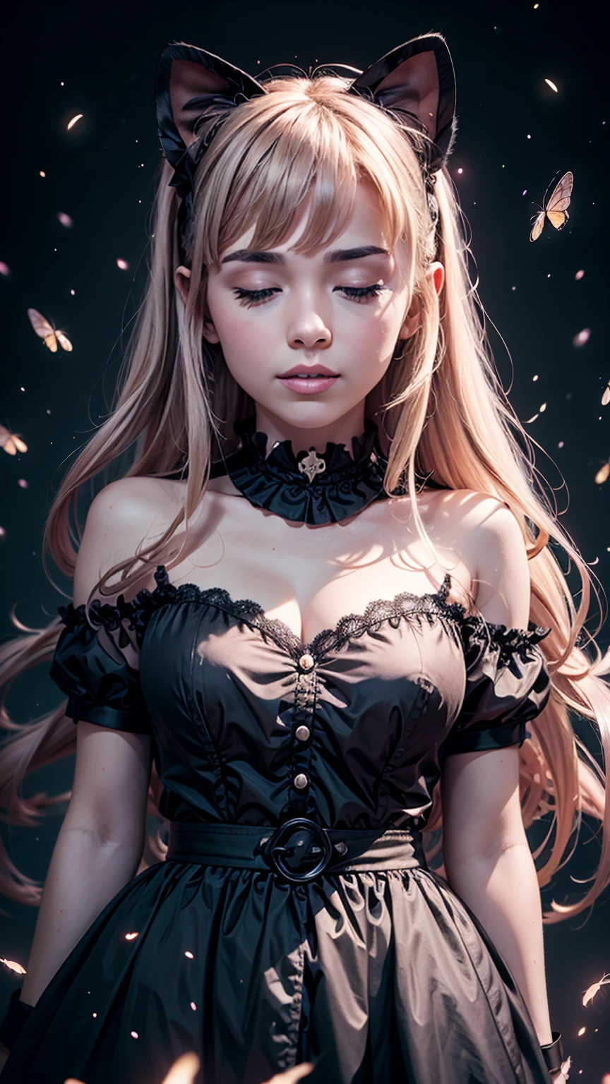 Pretty face, closed eyes, cat ears, perfect body, night, fireflies around her, pink magical lighting around her, glosy huge lips, blush on face, smile face, silk pink dess, dynamic dark lighting, low lighrlt, hyperrealistic, hyperdetailed ultra_detailed 8k resolution photo, sharp focus