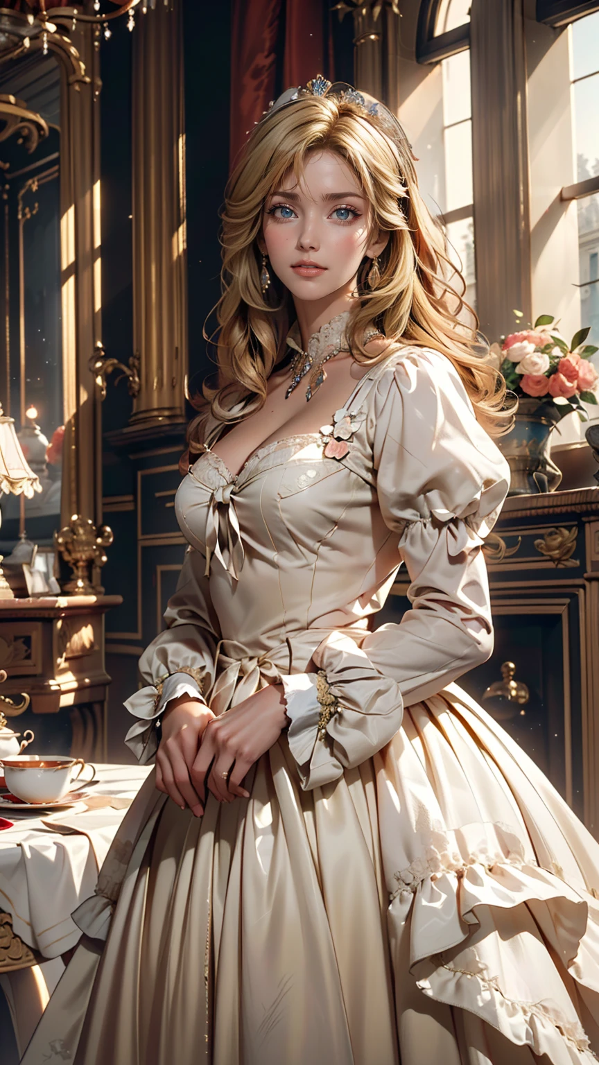 ((最high quality, 8K, masterpiece: 1.3, Ultra HD, high quality, 最high quality, High resolution, realism)) 、Marie Antoinette、Wear a Bourbon dynasty dress、Blonde、Upstyle your hair、Inside the Palace of Versailles in France、Enjoy tea time in a luxurious room