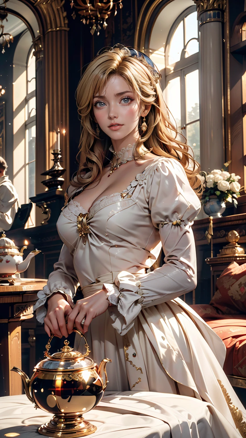 ((最high quality, 8K, masterpiece: 1.3, Ultra HD, high quality, 最high quality, High resolution, realism)) 、Marie Antoinette、Wear a Bourbon dynasty dress、Blonde、Upstyle your hair、Inside the Palace of Versailles in France、Enjoy tea time in a luxurious room