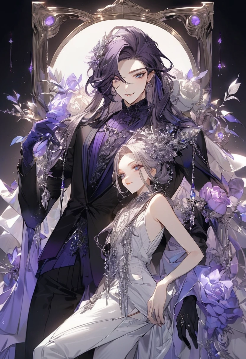 Feminine boy, soft womanish facial features, smile, squinted siren dark blue eyes without glare, silver ans dark purple long loose hair with straight bang, fantasy black clothes with blue and purple elements, long black gloves, model, gorgeous, elegant, lots of silver jewelry, flowers in his hair, skinny , hourglass figure, light lipstick, pants