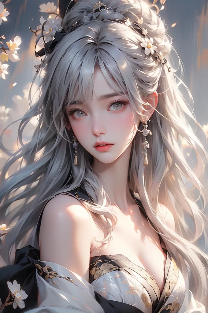 super high quality, masterpiece, Perfect illustration, Very detailed、8k wallpaper, Very detailed (Exquisite light and shadow, Very dramatic photo,Backlight) , ((Gray Hair:1.5))1 Girl, alone, (Wearing Han clothes, Royalty、Black and white Hanfu,Thick fabric,Long sleeve) Flower Field, Flowers, (White smoke:1.3) (Realistic:1.4), (Dynamic Angle: 1.4), Glowing Skin, (Floating colorful flashes: 1) The most beautiful chaotic shapes, elegant, Brutalist Design, Bright colors, Romantic Depth of Field Exotic_dance, half_naked、((Off the shoulder、Medium chest、Beautiful cleavage)),((Close-up image))
