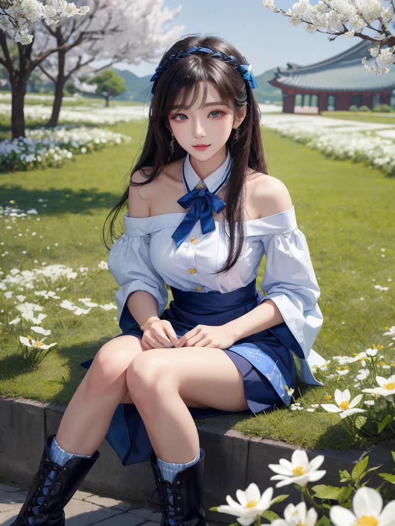 Schöne Frau trägt ein blau-weißes Minikleid im koreanischen Uniformstil mit Verzierungen auf dem Hemd und sichtbaren Schultern, trägt Stiefel und wird vor einem Hintergrund fotografiert. Und er war in der Mitte eines Hofes voller wunderschöner weißer Blumen,Beute im koreanischen Stil, schönes Gesicht, so wunderschön, wunderschöne Augen, Y2K-Stil,