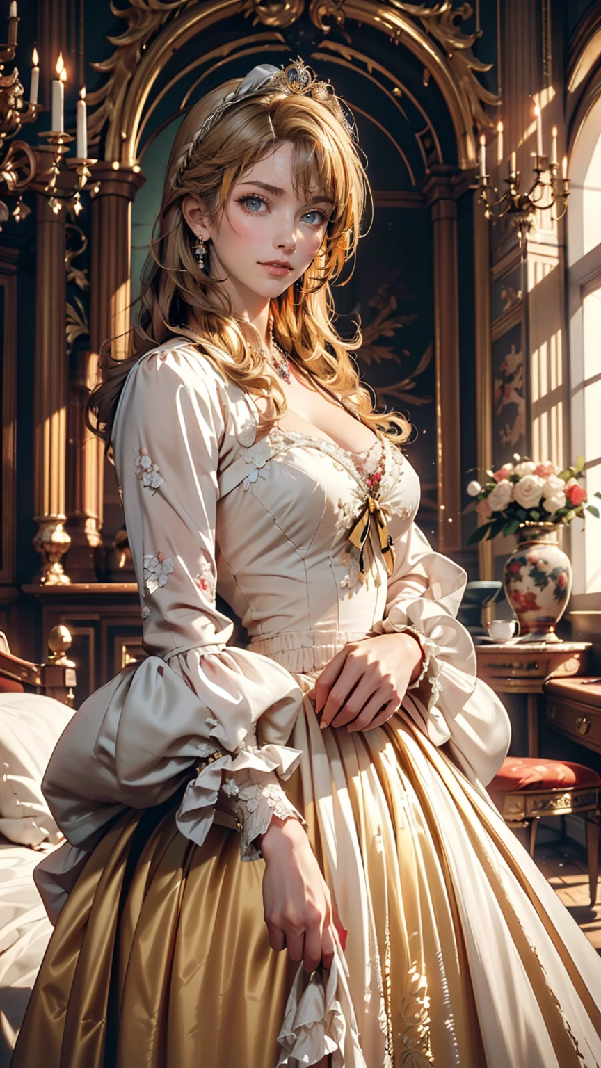 ((最high quality, 8K, masterpiece: 1.3, Ultra HD, high quality, 最high quality, High resolution, realism)) 、Marie Antoinette、Wear a Bourbon dynasty dress、Blonde、Upstyle your hair、Inside the Palace of Versailles in France、Enjoy tea time in a luxurious room、smile