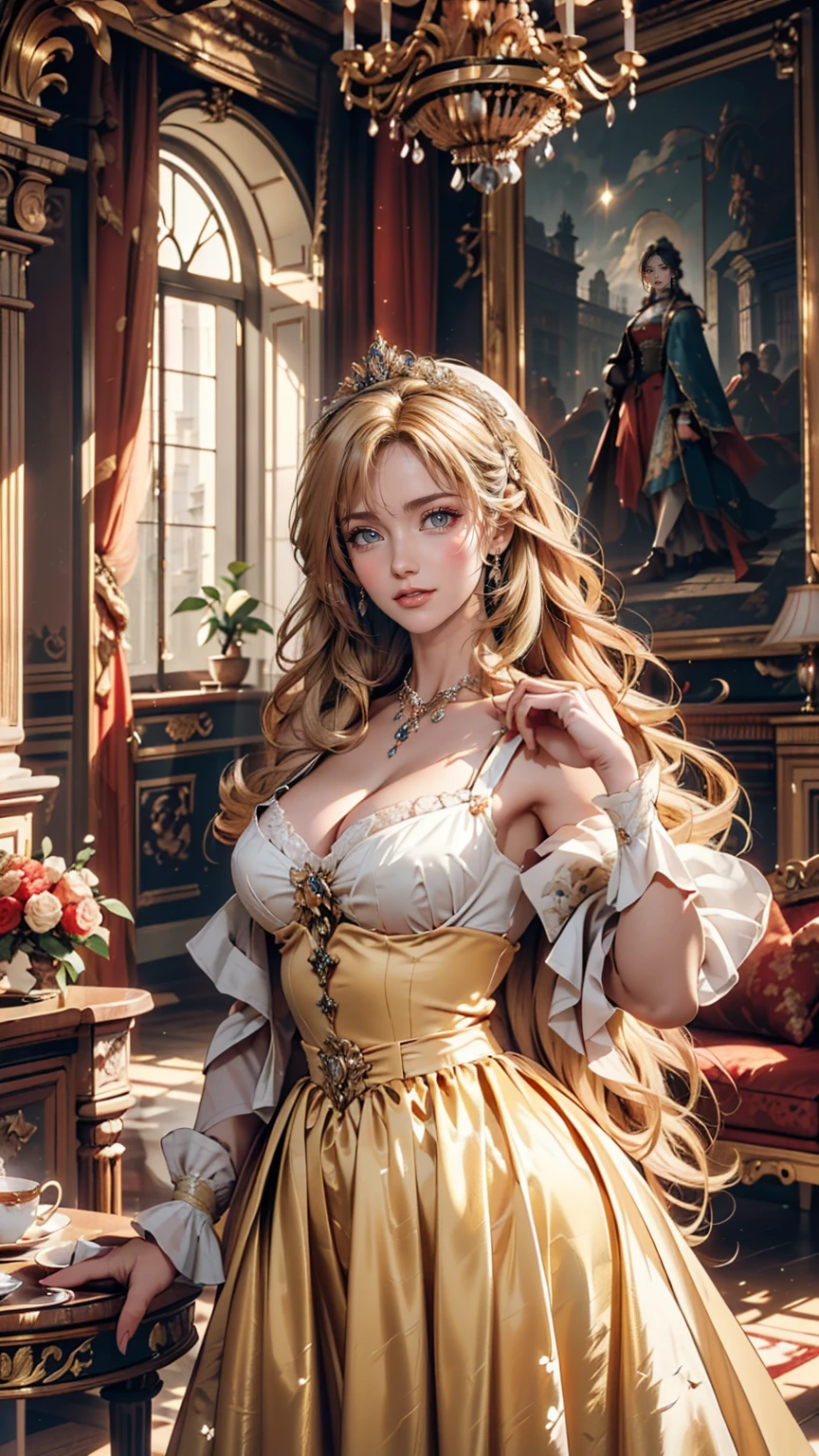 ((最high quality, 8K, masterpiece: 1.3, Ultra HD, high quality, 最high quality, High resolution, realism)) 、Marie Antoinette、Wear a Bourbon dynasty dress、Blonde、Upstyle your hair、Inside the Palace of Versailles in France、Enjoy tea time in a luxurious room、smile