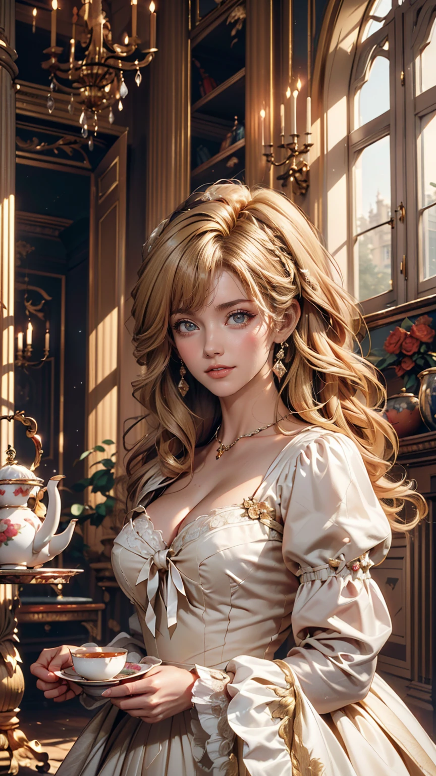 ((最high quality, 8K, masterpiece: 1.3, Ultra HD, high quality, 最high quality, High resolution, realism)) 、Marie Antoinette、Wear a Bourbon dynasty dress、Blonde、Upstyle your hair、Inside the Palace of Versailles in France、Enjoy tea time in a luxurious room、smile