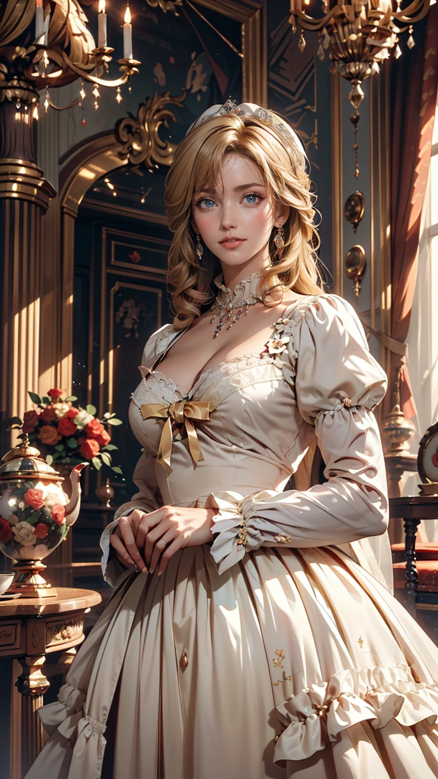 ((最high quality, 8K, masterpiece: 1.3, Ultra HD, high quality, 最high quality, High resolution, realism)) 、Marie Antoinette、Wear a Bourbon dynasty dress、Blonde、Upstyle your hair、Inside the Palace of Versailles in France、Enjoy tea time in a luxurious room、smile