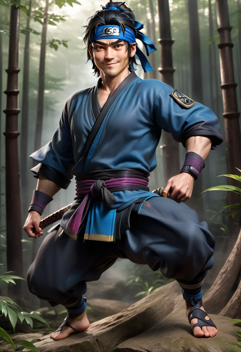 male, 3D Cartoon Characters, Almost full cheeks, Background Plain, Half Body Preview, 8K, Jackets Hiking, Facing the camera, High detail, smile,Prompt: Create a live-action depiction of Ninja Hattori. The character should be dressed in a traditional blue ninja outfit, complete with a headband, and carrying ninja tools like shurikens and a katana. He should have an agile and athletic build, with expressive eyes that convey a sense of determination and playfulness. The setting is a lush, dense forest or a traditional Japanese village, with detailed background elements that enhance the realism. The image should be highly detailed, photo-realistic, and captured in high resolution, with cinematic lighting and shadows to create a dynamic and immersive scene. Ninja Hattori should be in an action pose, perhaps mid-jump or ready to throw a shuriken, exuding the essence of a skilled and charismatic ninja.
