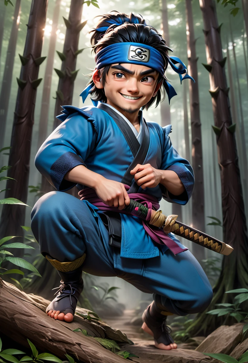 male, 3D Cartoon Characters, Almost full cheeks, Background Plain, Half Body Preview, 8K, Jackets Hiking, Facing the camera, High detail, smile,Prompt: Create a live-action depiction of Ninja Hattori. The character should be dressed in a traditional blue ninja outfit, complete with a headband, and carrying ninja tools like shurikens and a katana. He should have an agile and athletic build, with expressive eyes that convey a sense of determination and playfulness. The setting is a lush, dense forest or a traditional Japanese village, with detailed background elements that enhance the realism. The image should be highly detailed, photo-realistic, and captured in high resolution, with cinematic lighting and shadows to create a dynamic and immersive scene. Ninja Hattori should be in an action pose, perhaps mid-jump or ready to throw a shuriken, exuding the essence of a skilled and charismatic ninja.
