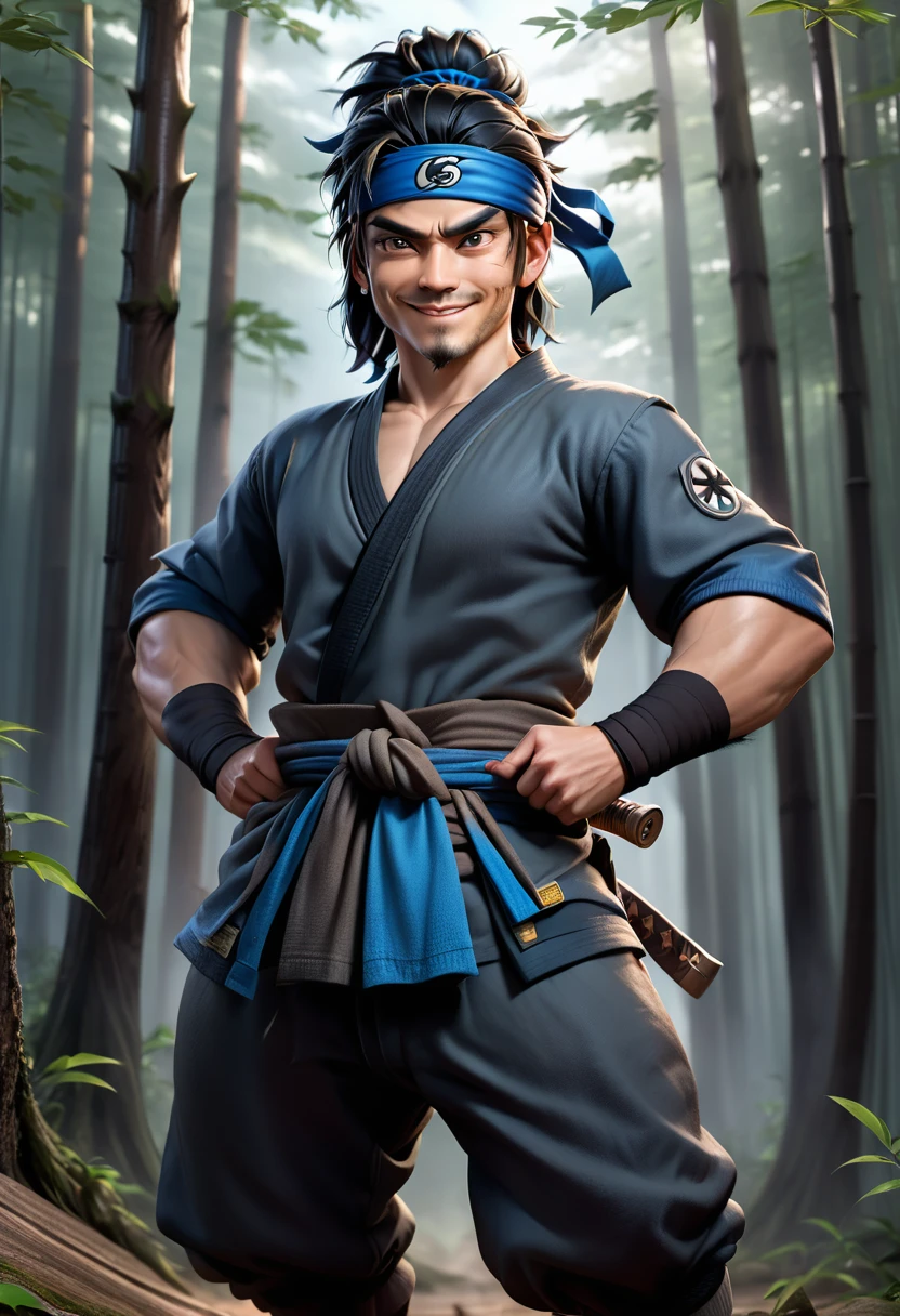 male, 3D Cartoon Characters, Almost full cheeks, Background Plain, Half Body Preview, 8K, Jackets Hiking, Facing the camera, High detail, smile,Prompt: Create a live-action depiction of Ninja Hattori. The character should be dressed in a traditional blue ninja outfit, complete with a headband, and carrying ninja tools like shurikens and a katana. He should have an agile and athletic build, with expressive eyes that convey a sense of determination and playfulness. The setting is a lush, dense forest or a traditional Japanese village, with detailed background elements that enhance the realism. The image should be highly detailed, photo-realistic, and captured in high resolution, with cinematic lighting and shadows to create a dynamic and immersive scene. Ninja Hattori should be in an action pose, perhaps mid-jump or ready to throw a shuriken, exuding the essence of a skilled and charismatic ninja.
