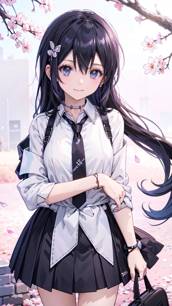 masterpiece, best quality,  full body,
1girl, bangs, black choker, black necktie, black hair, blue skirt, blush, bracelet, breasts, choker, clothes around waist, collarbone, collared shirt, cowboy shot, dress shirt, ear piercing, eyebrows visible through hair, gradient hair, grin, gyaru, jewelry, kogal, long hair, looking at viewer, loose necktie, necktie, piercing, plaid, plaid skirt, pleated skirt, red eyes, ring, school uniform, shirt, skirt, smile, solo, white shirt,
street, sky, cherry blossoms, petals,illustration, (magazine:1.3), (cover-style:1.3), fashionable, woman, vibrant, outfit, posing, front, colorful, dynamic, background,  elements, confident, expression, holding, statement, accessory, majestic, coiled, around, Touch, scene, Text, cover, bold, attention-grabbing, title, stylish, Font, catchy, headline, larger, striking, modern, trendy, focus, fashion,Female Kirito、Long hair、Black tights