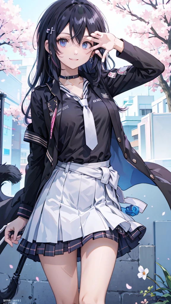 masterpiece, best quality,  full body,
1girl, bangs, black choker, black necktie, black hair, blue skirt, blush, bracelet, breasts, choker, clothes around waist, collarbone, collared shirt, cowboy shot, dress shirt, ear piercing, eyebrows visible through hair, gradient hair, grin, gyaru, jewelry, kogal, long hair, looking at viewer, loose necktie, necktie, piercing, plaid, plaid skirt, pleated skirt, red eyes, ring, school uniform, shirt, skirt, smile, solo, white shirt,
street, sky, cherry blossoms, petals,illustration, (magazine:1.3), (cover-style:1.3), fashionable, woman, vibrant, outfit, posing, front, colorful, dynamic, background,  elements, confident, expression, holding, statement, accessory, majestic, coiled, around, Touch, scene, Text, cover, bold, attention-grabbing, title, stylish, Font, catchy, headline, larger, striking, modern, trendy, focus, fashion,Female Kirito、Long hair、Black tights