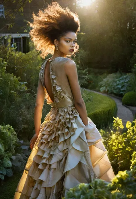 golden hour, garden, back lighting, fashion shoot, in the style of Vogue, Avant-garde Fashion page
