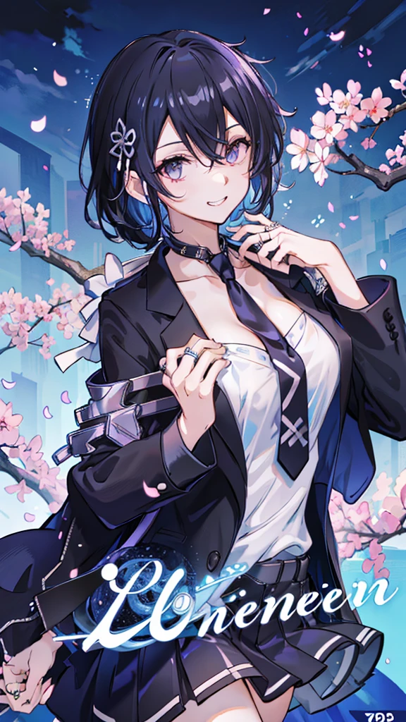 masterpiece, best quality,  full body,
1girl, bangs, black choker, black necktie, black hair, blue skirt, blush, bracelet, breasts, choker, clothes around waist, collarbone, collared shirt, cowboy shot, dress shirt, ear piercing, eyebrows visible through hair, gradient hair, grin, gyaru, jewelry, kogal, long hair, looking at viewer, loose necktie, necktie, piercing, plaid, plaid skirt, pleated skirt, red eyes, ring, school uniform, shirt, skirt, smile, solo, white shirt,
street, sky, cherry blossoms, petals,illustration, (magazine:1.3), (cover-style:1.3), fashionable, woman, vibrant, outfit, posing, front, colorful, dynamic, background,  elements, confident, expression, holding, statement, accessory, majestic, coiled, around, Touch, scene, Text, cover, bold, attention-grabbing, title, stylish, Font, catchy, headline, larger, striking, modern, trendy, focus, fashion,Female Kirito、Long hair、Black tights