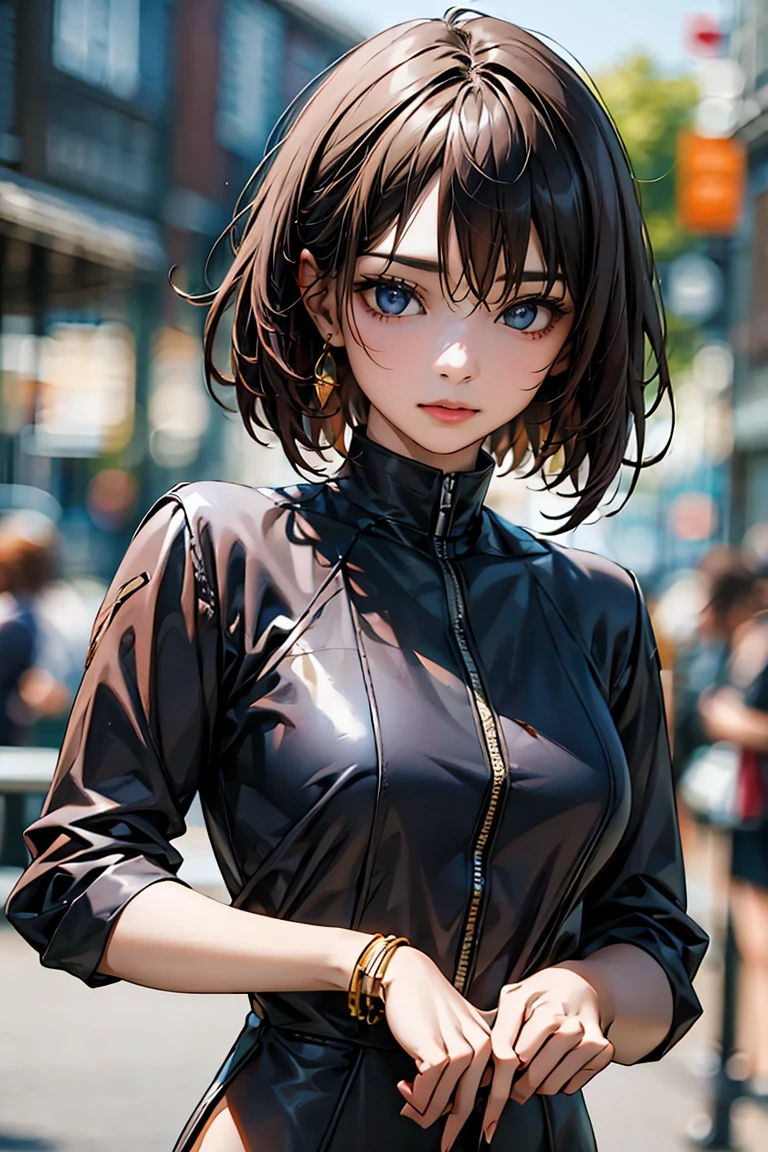 「A 2 young female pilot、height: 165cm、(Short brown hair:1.6, Dark blue eyes)。Porcelain white skin、His calm and intelligent expression exudes kindness..。Wearing a futuristic suit with an elegant design、Brown and sax blue accents。Shiny bracelet on left wrist、She has a small earring in her right ear..。