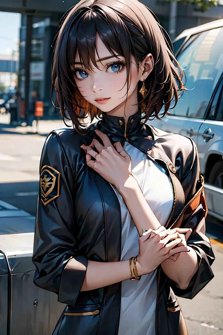 「A 2 young female pilot、height: 165cm、(Short brown hair:1.6, Dark blue eyes)。Porcelain white skin、His calm and intelligent expression exudes kindness..。Wearing a futuristic suit with an elegant design、Brown and sax blue accents。Shiny bracelet on left wrist、She has a small earring in her right ear..。