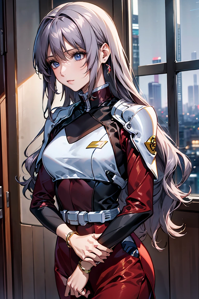 「A 20-year-old young female pilot、Height: 165cm、(Long wavy silver hair:1.8, Deep purple eyes)。With skin as white as porcelain、His calm and intelligent expression exudes kindness.。Wearing an elegantly designed futuristic suit、Silver and purple accents。A shiny bracelet on his left wrist、She has a small earring in her right ear.。The background is a futuristic cityscape seen from a room in a high-rise building.、Outside the window, the night city spreads out。In a standing position、Hold the window frame lightly with one hand、Gazing into the distance。He exudes an air of keen intelligence and deep compassion.。」)