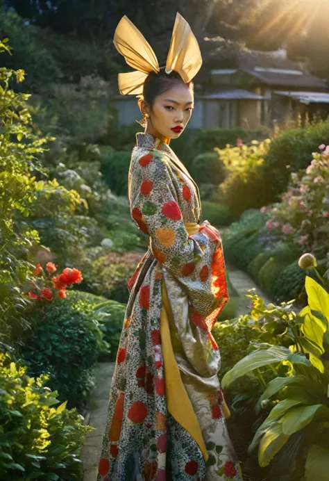 golden hour, garden, back lighting, fashion shoot, in the style of Vogue, Japan, Avant-garde Fashion page
