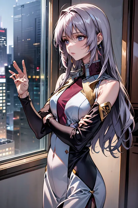 「A 20-year-old young female pilot、Height: 165cm、(Long wavy silver hair:1.8, Deep purple eyes)。With skin as white as porcelain、Hi...