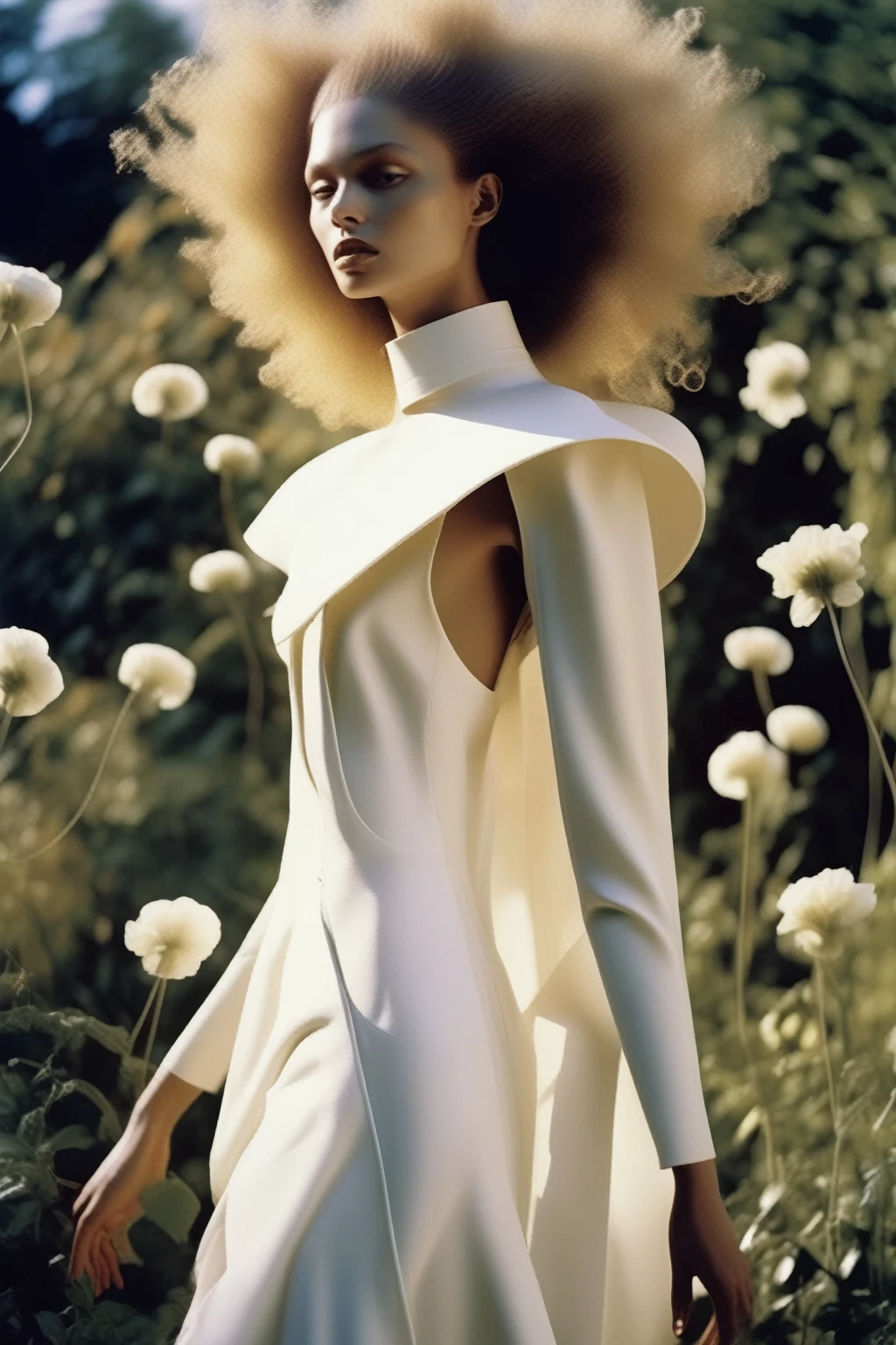 Avant-garde Fashion - golden hour, garden, back lighting, fashion shoot, in the style of Vogue, Avant-garde Fashion page, the garments showcased are white. midi dress portra 400