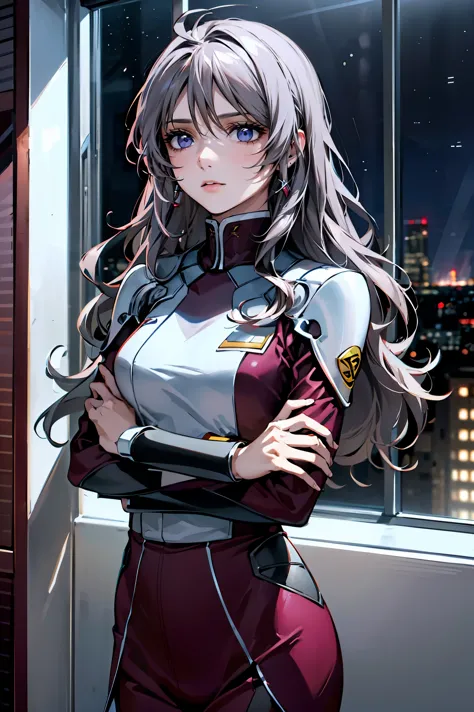 「A 20-year-old young female pilot、Height: 165cm、(Long wavy silver hair:1.8, Deep purple eyes)。With skin as white as porcelain、Hi...