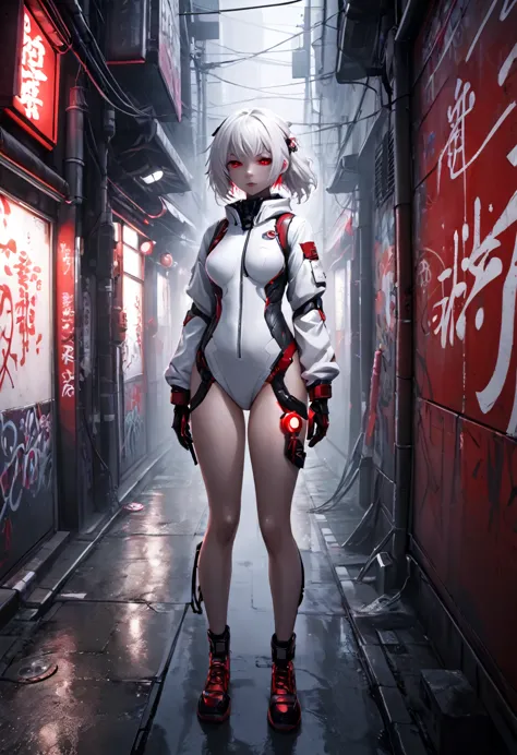 1girl, white survival suit, white hair, red eyes, dark alley, red graffiti, japanese led, fog, 8k, ambient occlussion, focus on ...