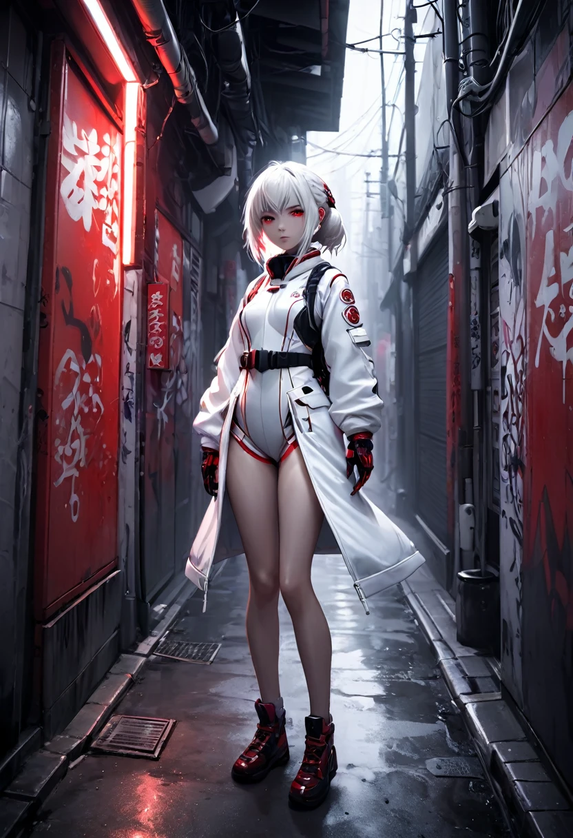 1girl, white survival suit, white hair, red eyes, dark alley, red graffiti, japanese led, fog, 8k, ambient occlussion, focus on subject