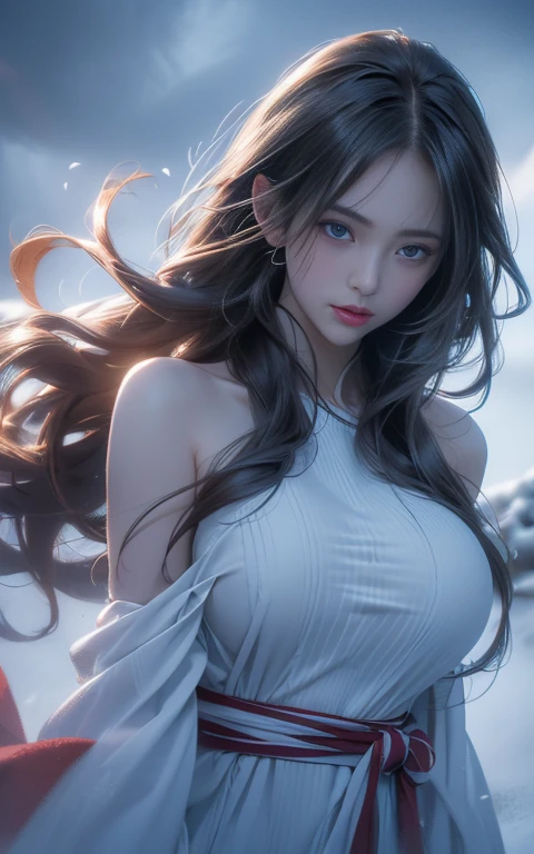 Practical detailed photo of a giant breasted girl with exposed shoulders, Detailed fingers, High quality skin, Red Eyes, Alone in a winter scene with clouds, wind, and flowing hair, (best quality,4K,8K,high resolution,masterpiece:1.2),Extremely detailed,(Practical,photoPractical,photo-Practical:1.37),Studio Lighting,Bright colors